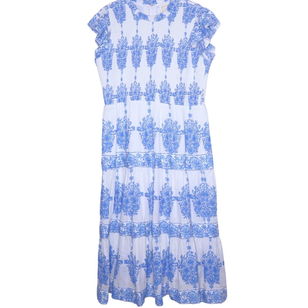 SAIL TO SABLE Damask Smocked Maxi Dress Blue White Ruffle Sleeves Women's XL